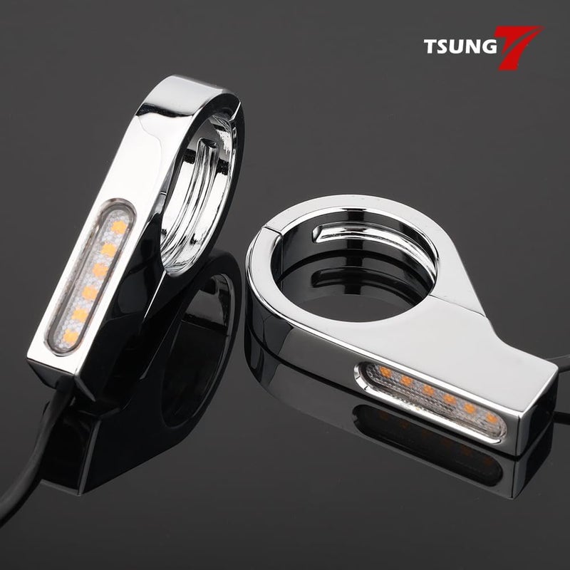 TSUNG Motorcycle Fork Mounted LED Turn Signals 39-41mm Switchback Sequential Amber Light with Bracket Indicater for Cruiser, Street Bike & Touring Motorcycles (Chrome Amber&White) - Image 2